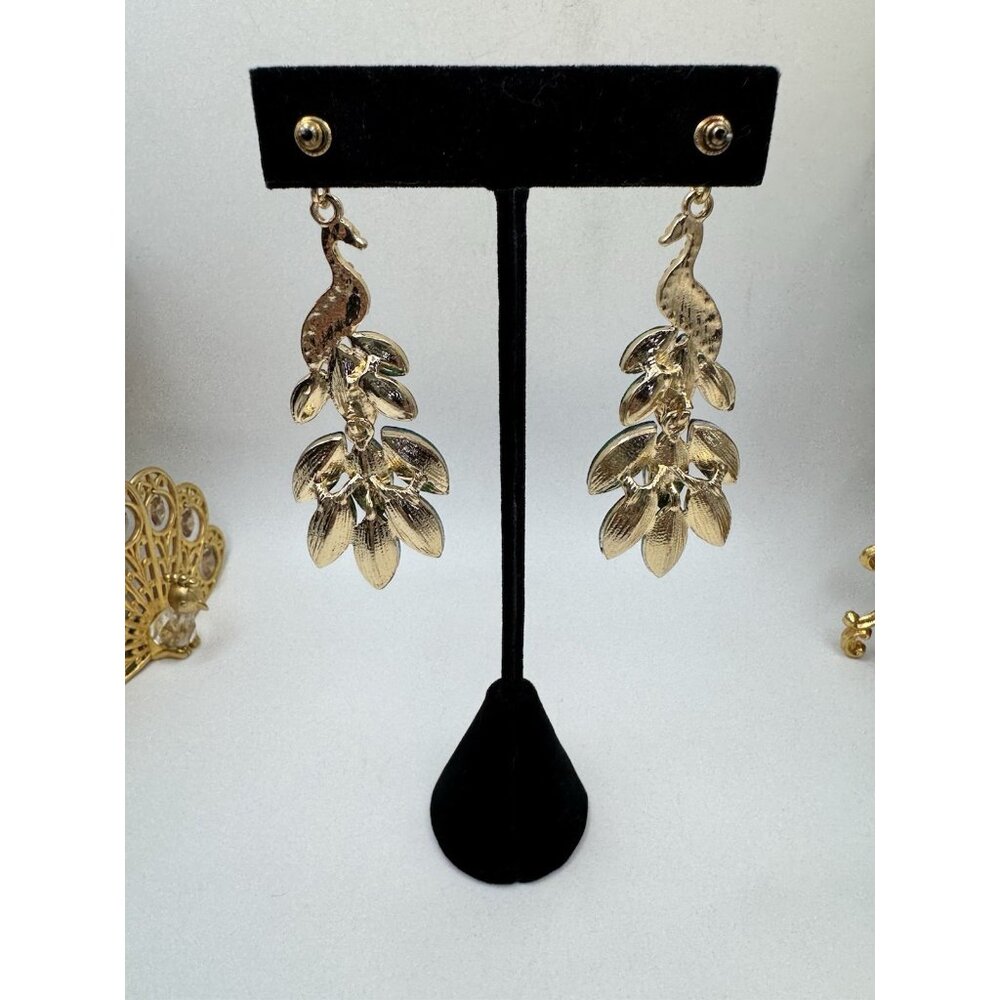 Peacock Drop Earrings Rhinestone Crystal Dangle Chandelier 2.9 inch Green - Picture 4 of 7